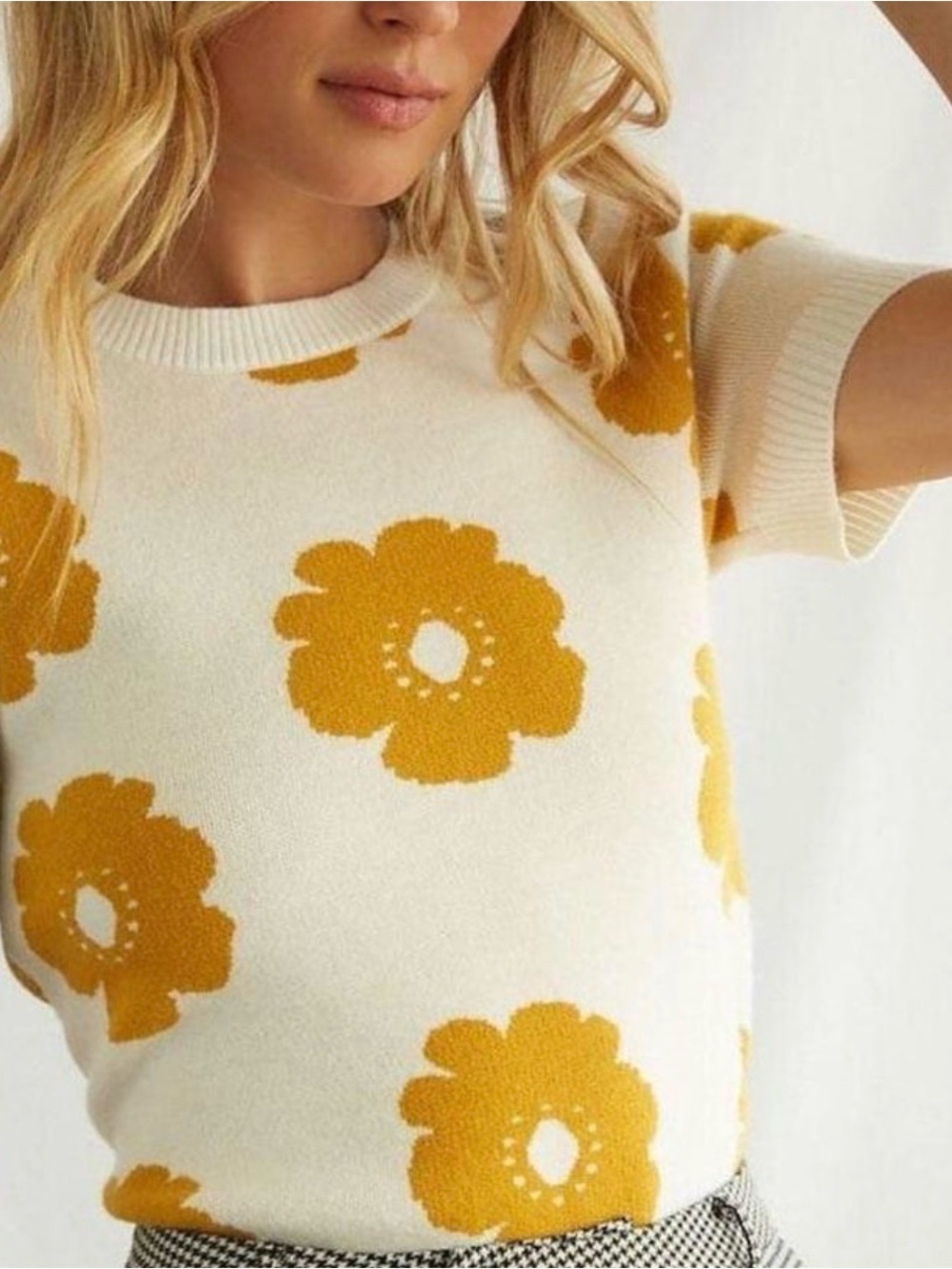 Forever 21 Cream Short-Sleeve Crew Sweater with Yellow Floral Motif